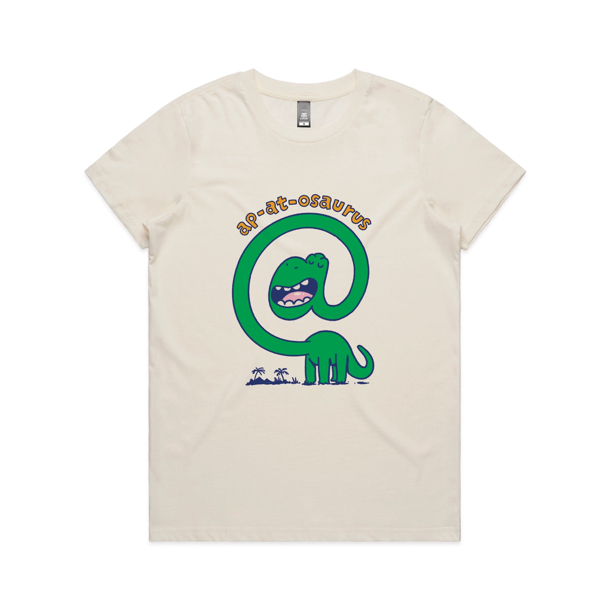 Ecru fitted womens t-shirt with Ap-at-osaurus graphic by Lonely Kids Club