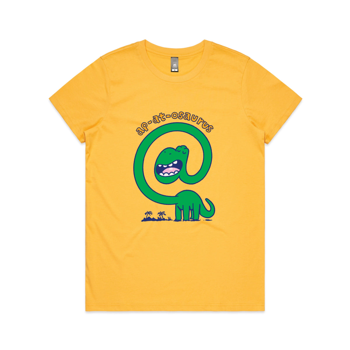 Yellow fitted womens t-shirt with Ap-at-osaurus graphic by Lonely Kids Club