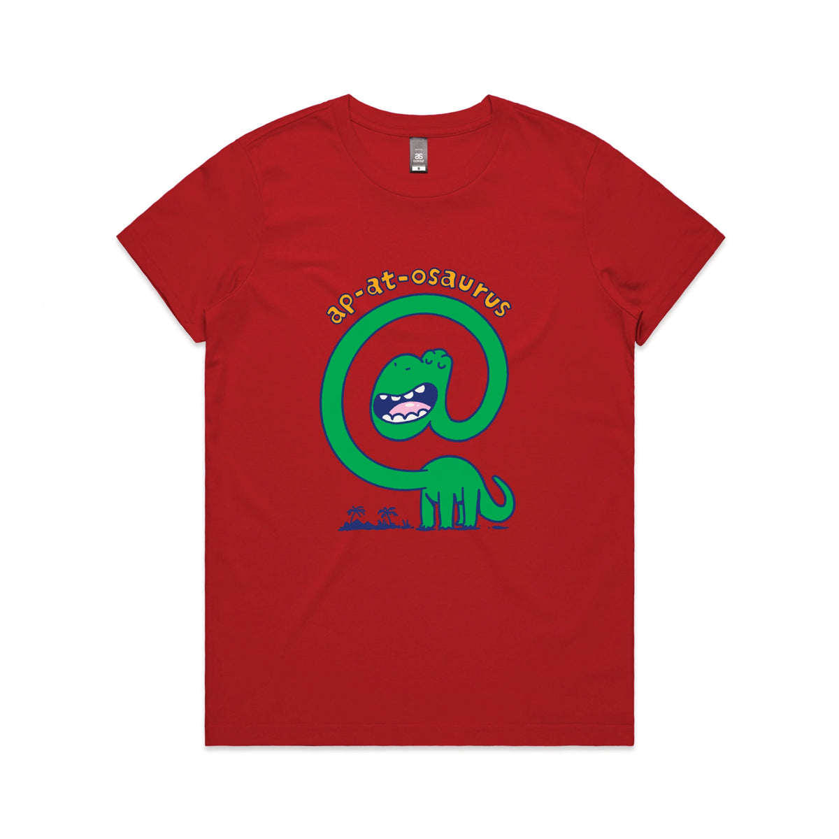 Red fitted womens t-shirt with Ap-at-osaurus graphic by Lonely Kids Club