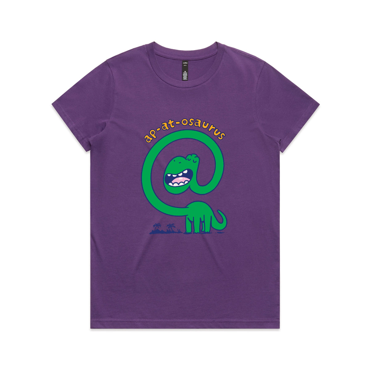 Purple fitted womens t-shirt with Ap-at-osaurus graphic by Lonely Kids Club