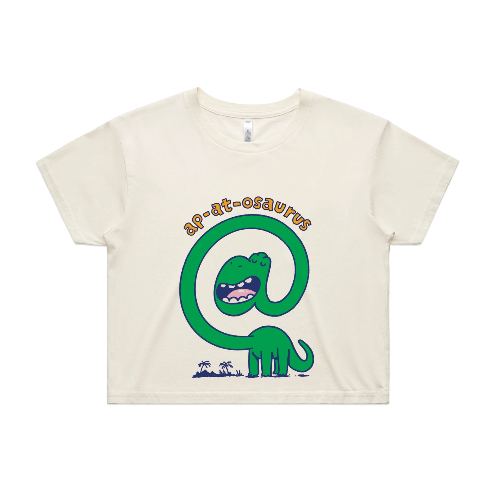 Ecru crop top with Ap-at-osaurus graphic by Lonely Kids Club