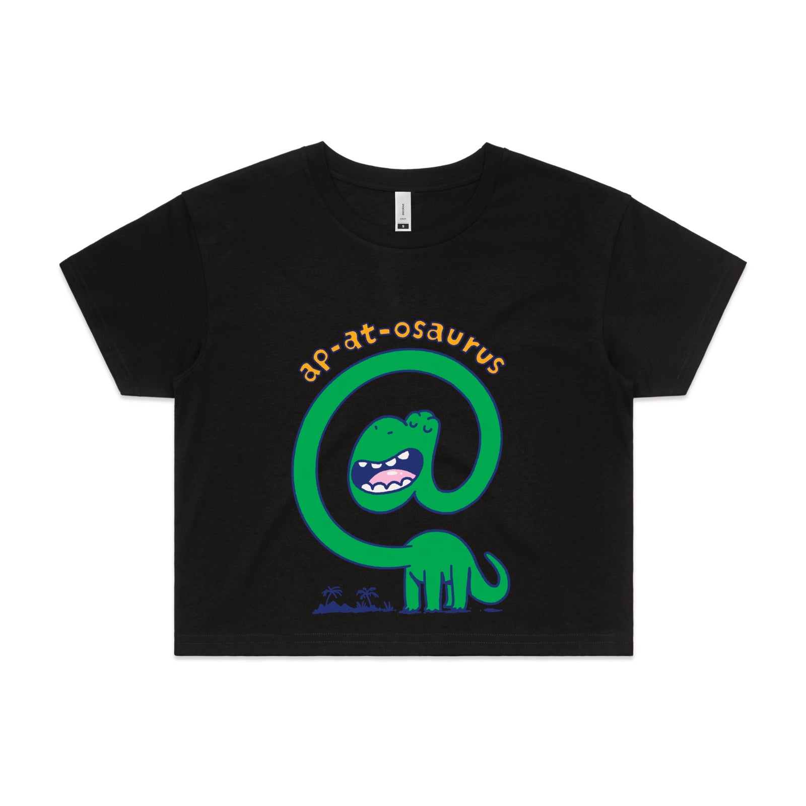 Black crop top with Ap-at-osaurus graphic by Lonely Kids Club