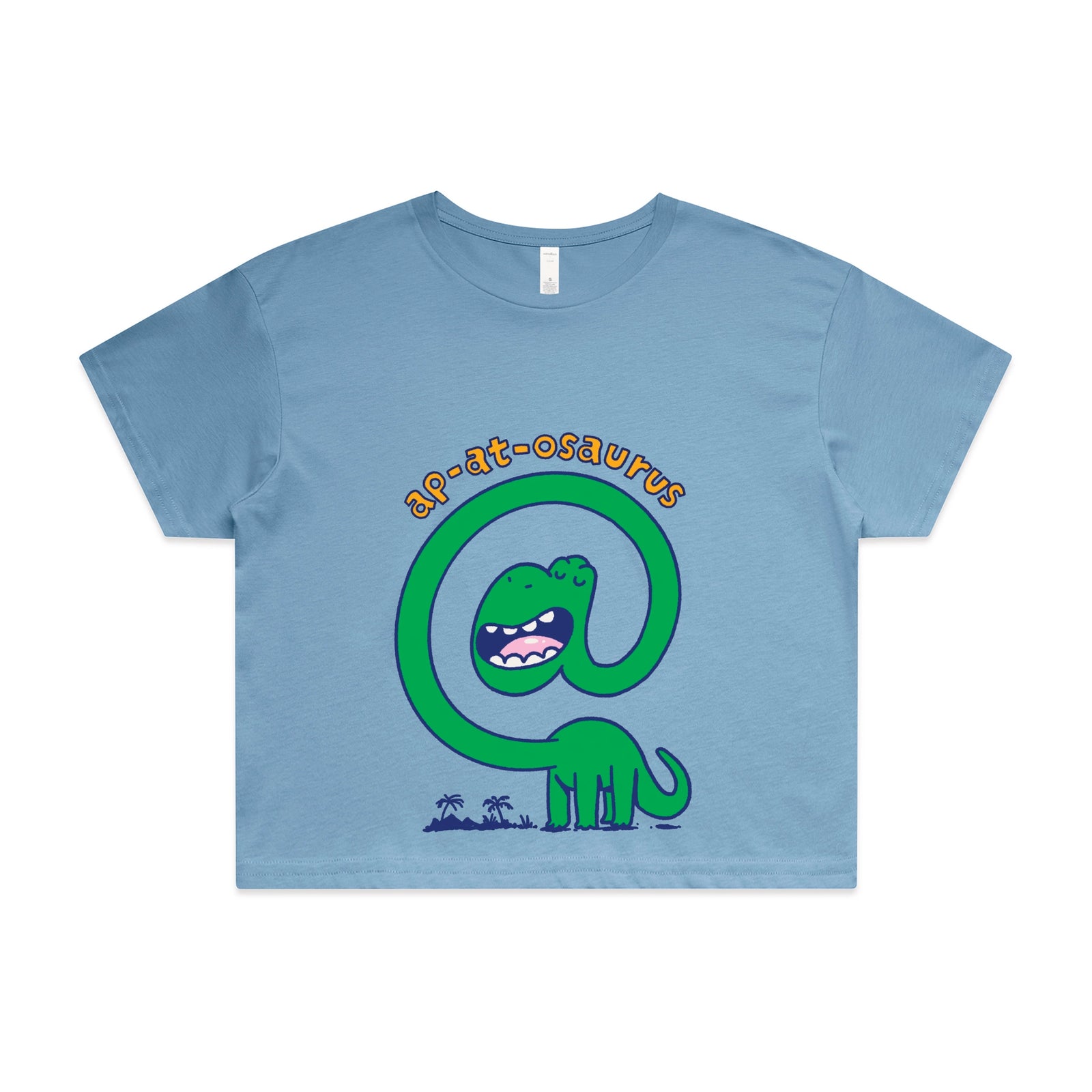 Carolina Blue crop top with Ap-at-osaurus graphic by Lonely Kids Club