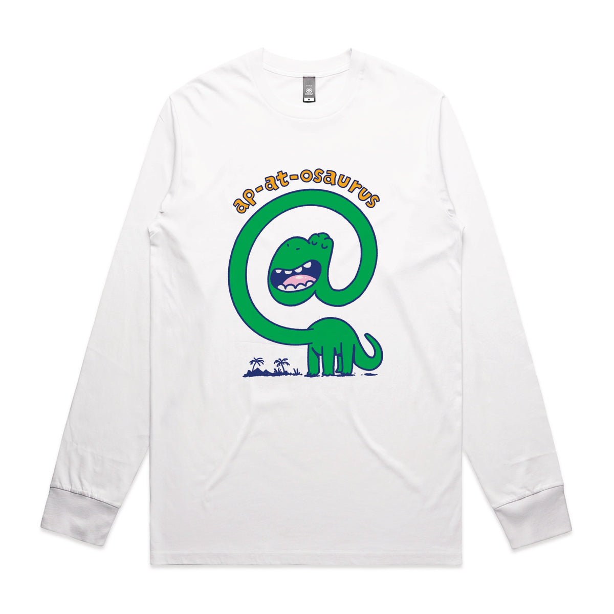 White long sleeve t-shirt with Ap-at-osaurus graphic by Lonely Kids Club