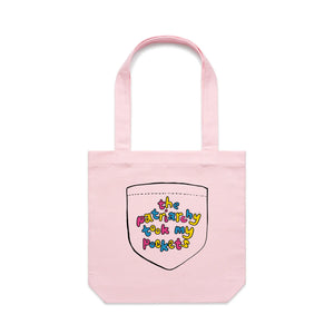 Patriarchy Took My Pockets Tote by Lonely Kids Club. All clothing from our T-shirts to our shorts and hoodies are ethically made, and printed packed and shipped from Sydney.