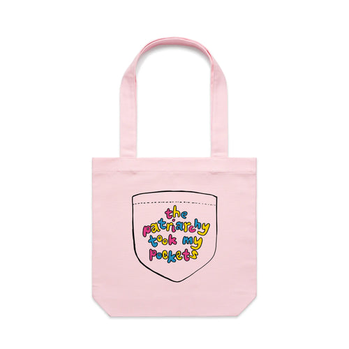 Patriarchy Took My Pockets Tote by Lonely Kids Club. All clothing from our T-shirts to our shorts and hoodies are ethically made, and printed packed and shipped from Sydney.