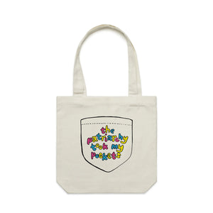 Patriarchy Took My Pockets Tote by Lonely Kids Club. All clothing from our T-shirts to our shorts and hoodies are ethically made, and printed packed and shipped from Sydney.