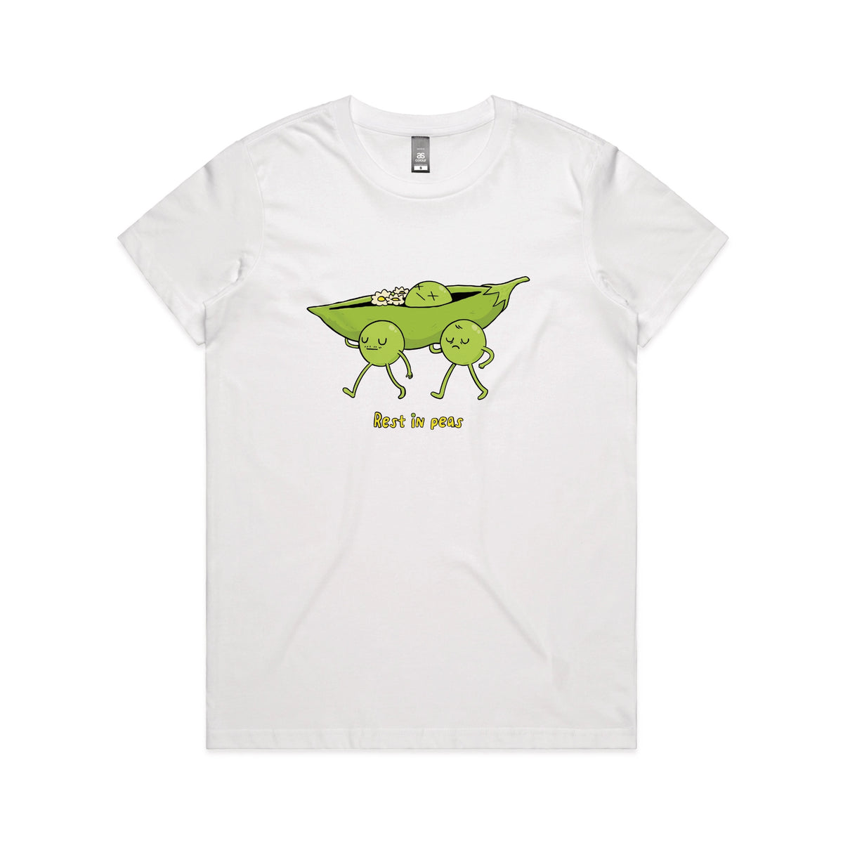 White fitted womens t-shirt with Rest In Peas graphic by Lonely Kids Club