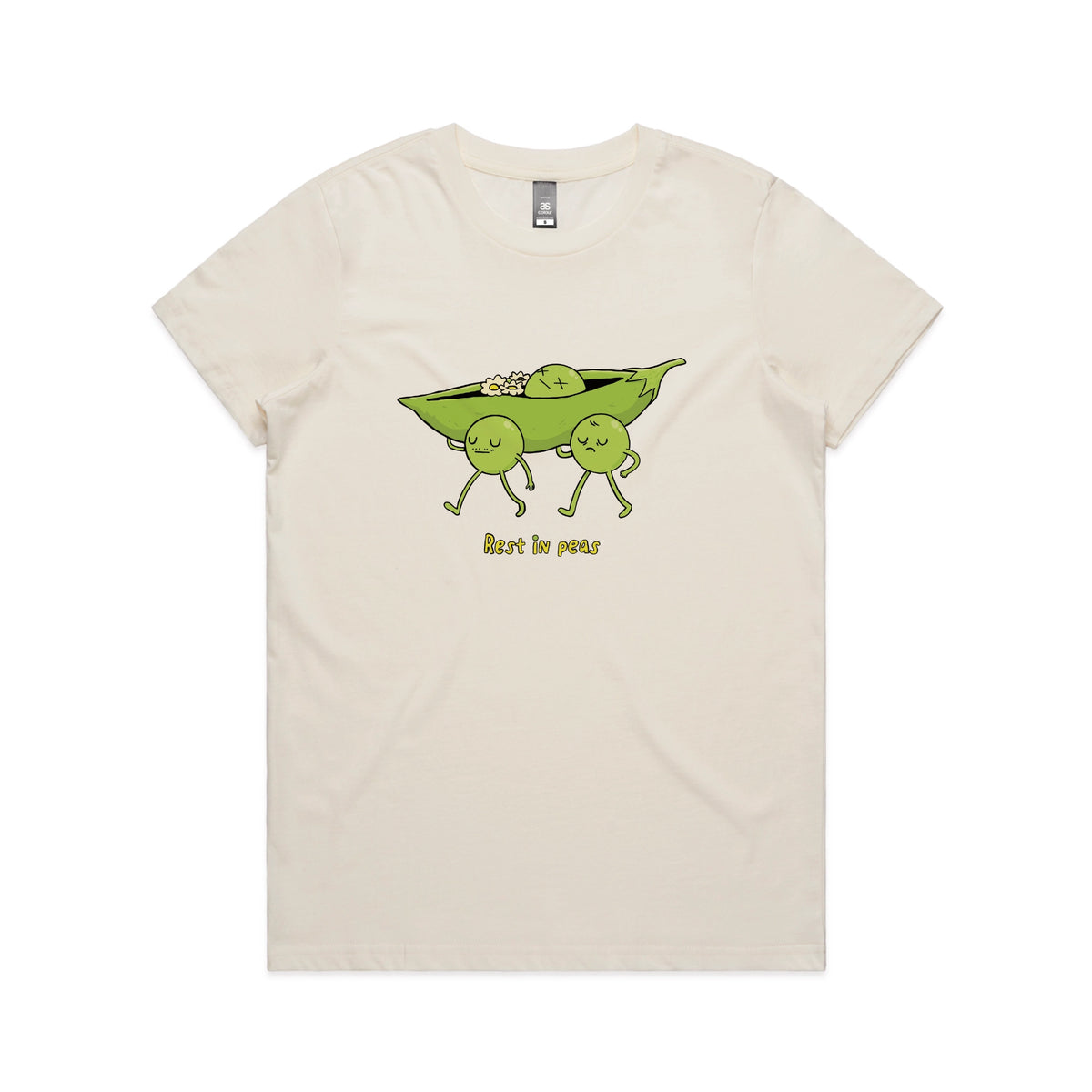 Ecru fitted womens t-shirt with Rest In Peas graphic by Lonely Kids Club