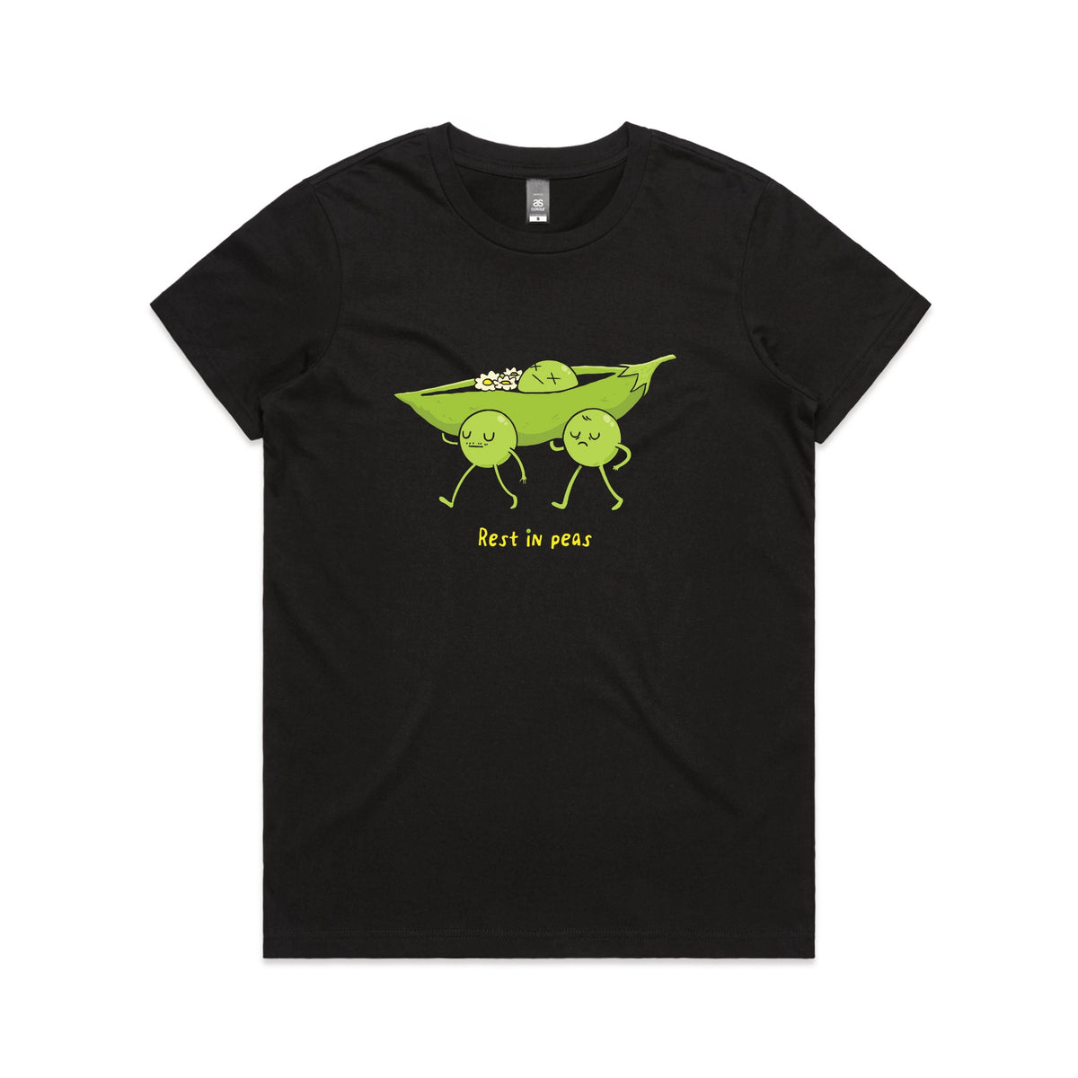 Black fitted womens t-shirt with Rest In Peas graphic by Lonely Kids Club