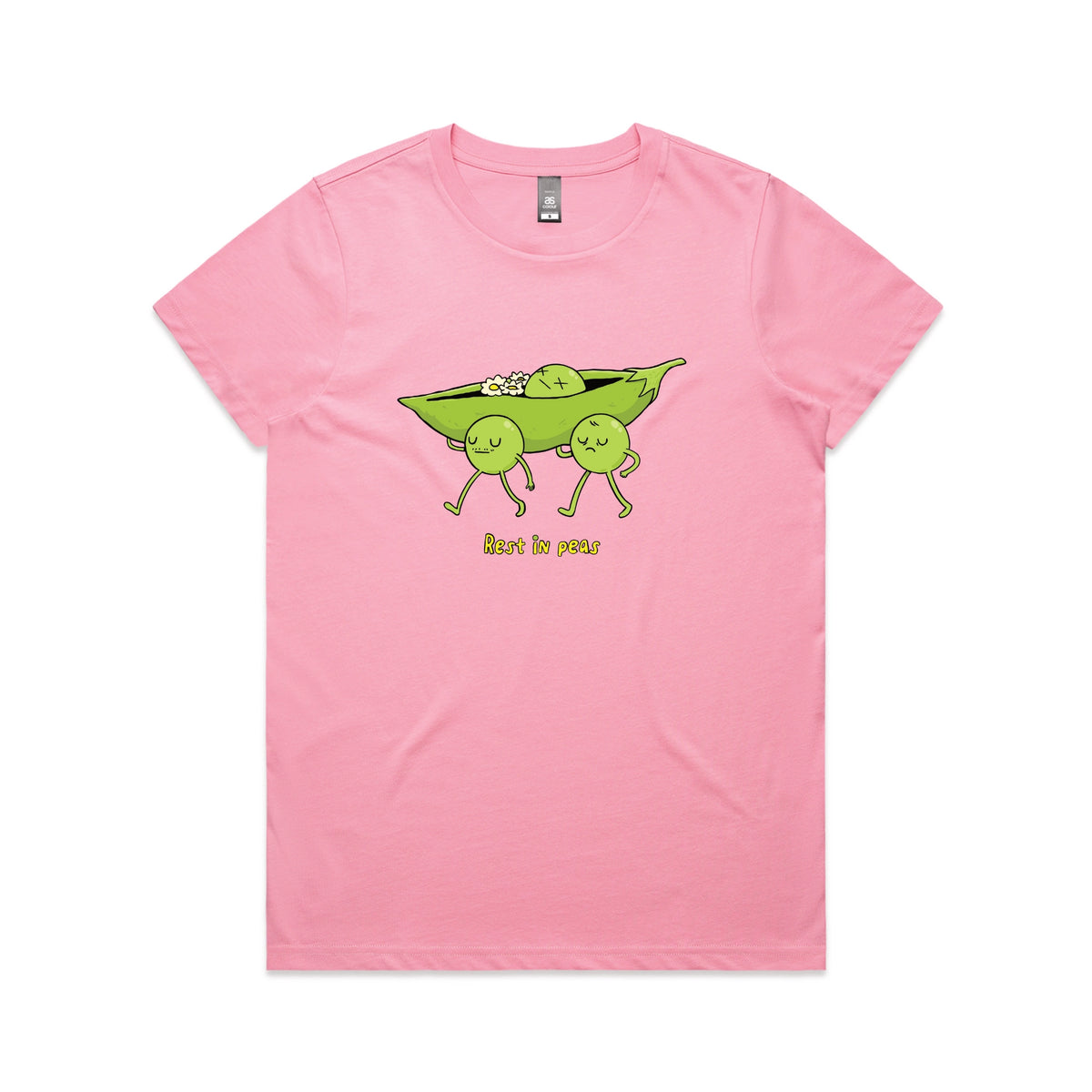 Bubblegum fitted womens t-shirt with Rest In Peas graphic by Lonely Kids Club
