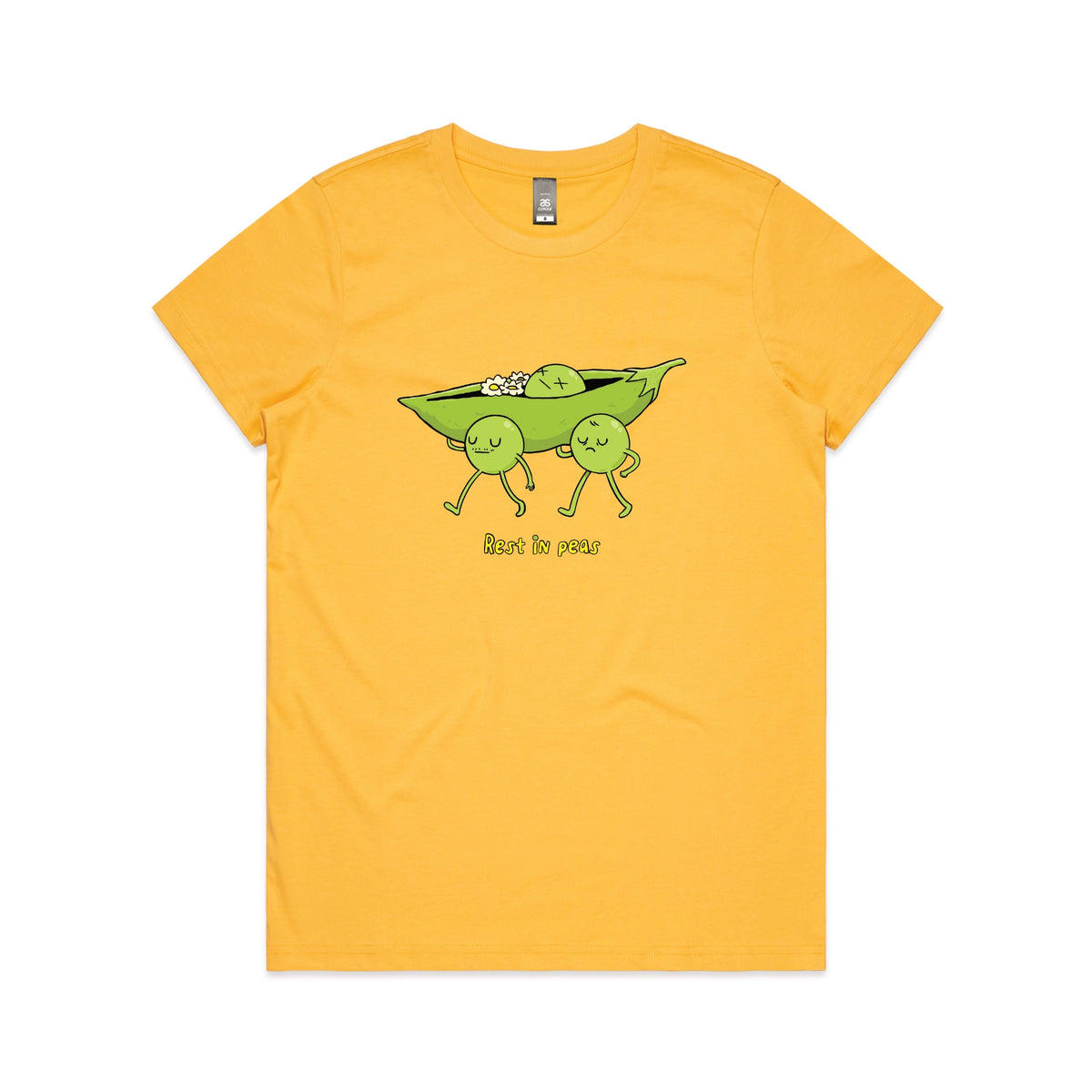 Yellow fitted womens t-shirt with Rest In Peas graphic by Lonely Kids Club