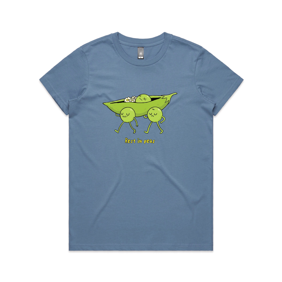 Carolina Blue fitted womens t-shirt with Rest In Peas graphic by Lonely Kids Club