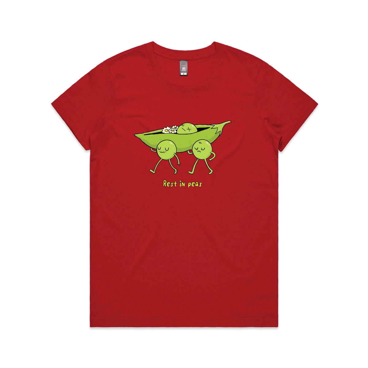 Red fitted womens t-shirt with Rest In Peas graphic by Lonely Kids Club