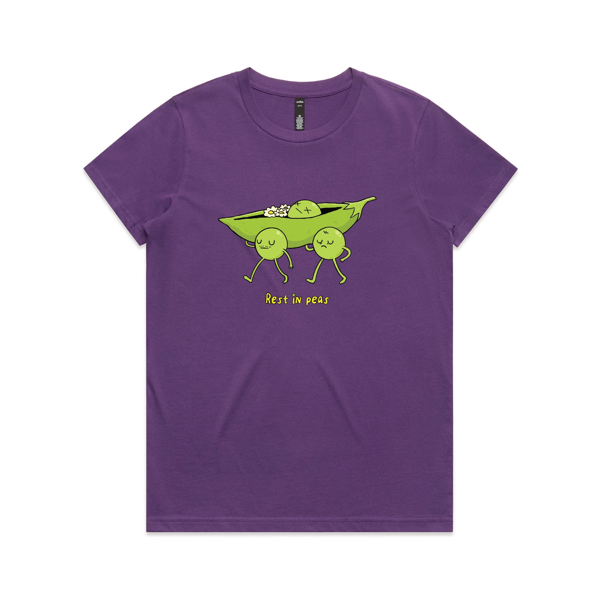 Purple fitted womens t-shirt with Rest In Peas graphic by Lonely Kids Club