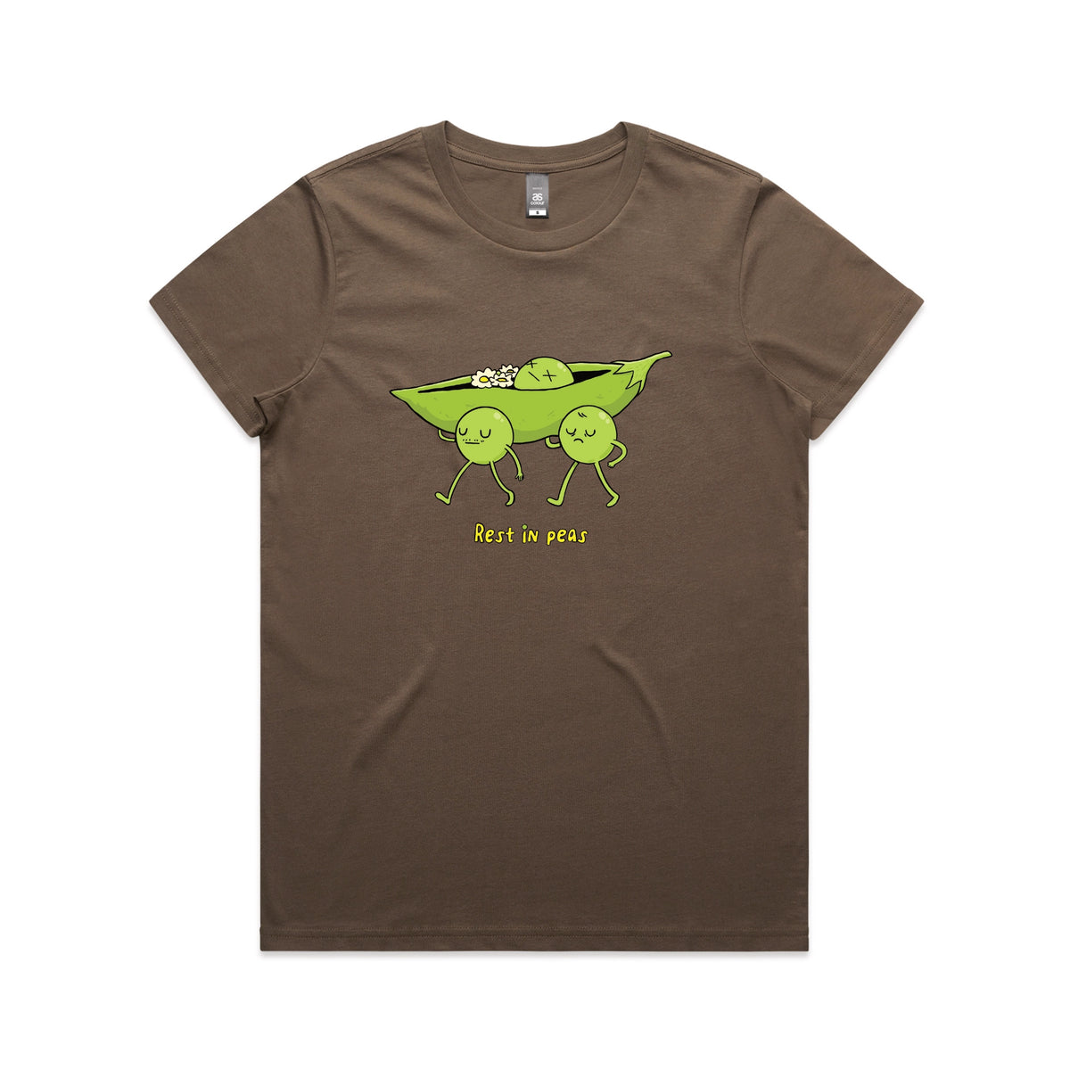 Walnut fitted womens t-shirt with Rest In Peas graphic by Lonely Kids Club