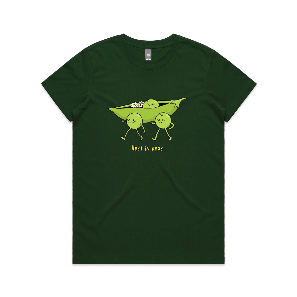 Forest Green fitted womens t-shirt with Rest In Peas graphic by Lonely Kids Club