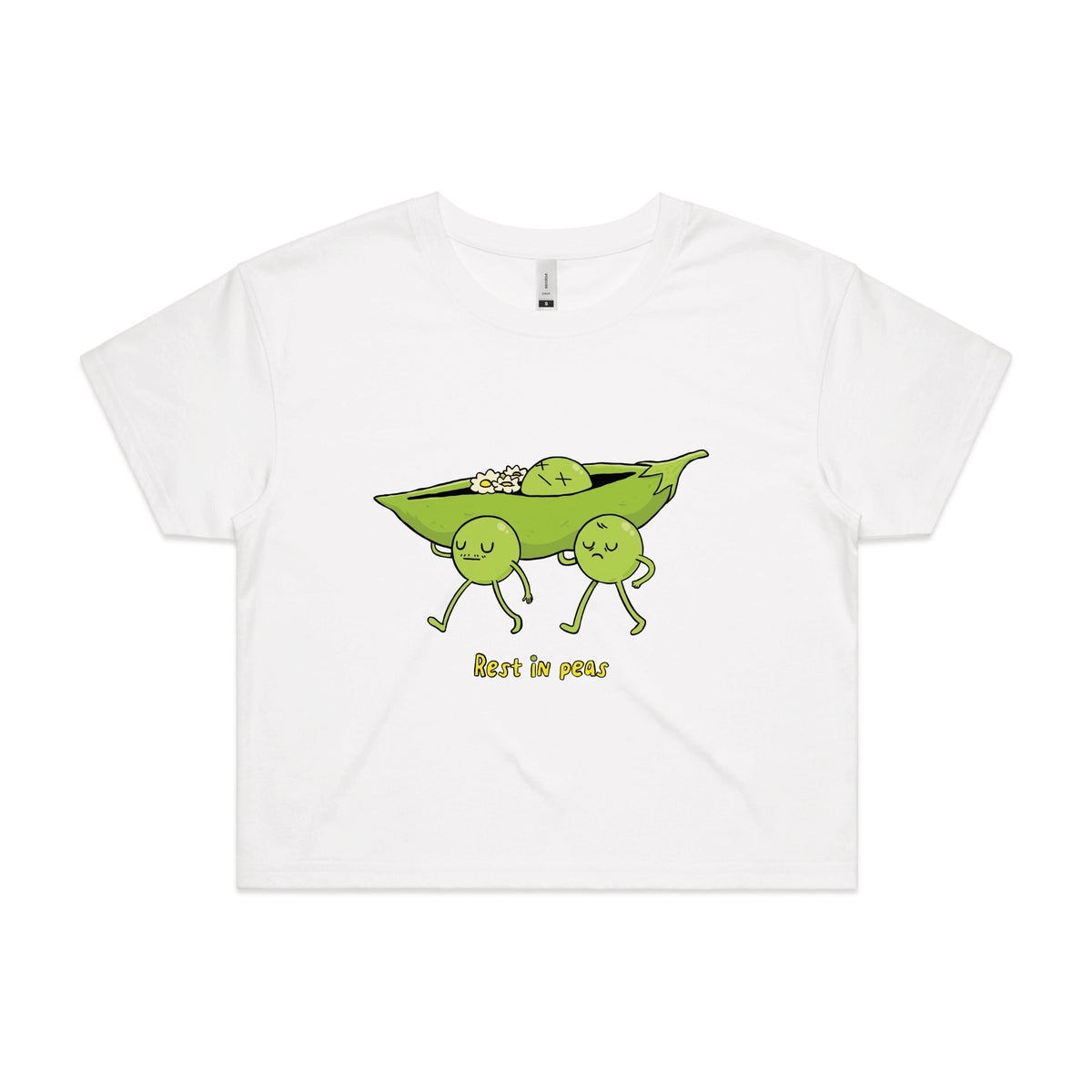 White crop top with Rest In Peas graphic by Lonely Kids Club