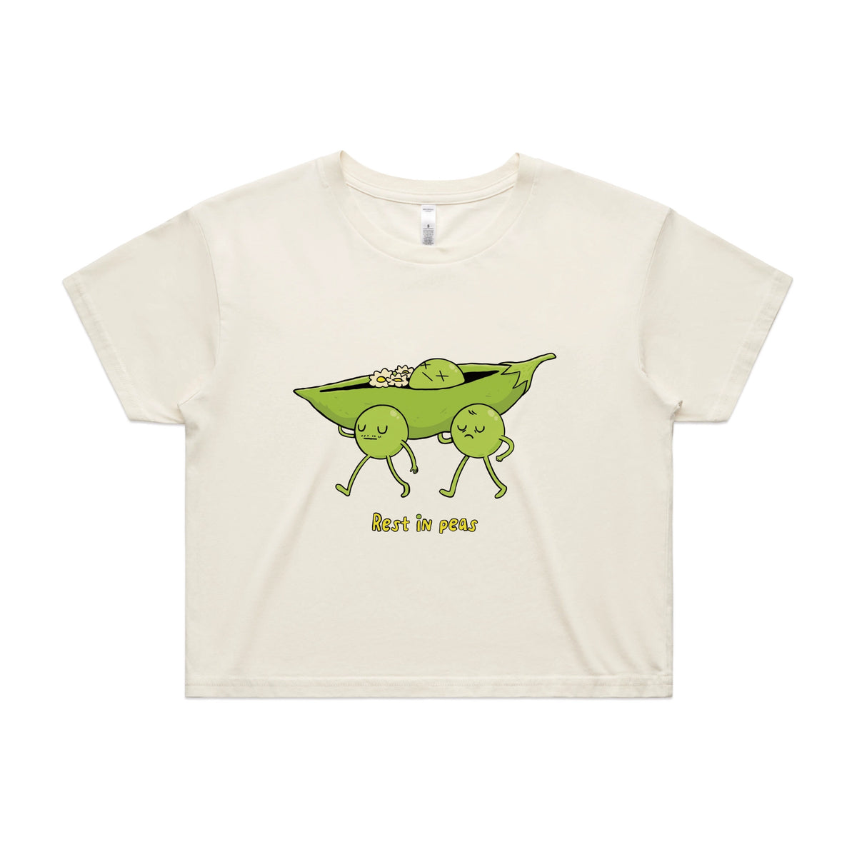 Ecru crop top with Rest In Peas graphic by Lonely Kids Club