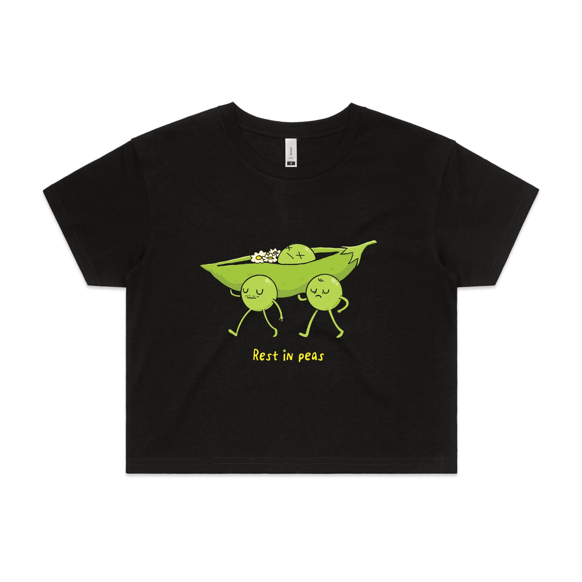 Black crop top with Rest In Peas graphic by Lonely Kids Club