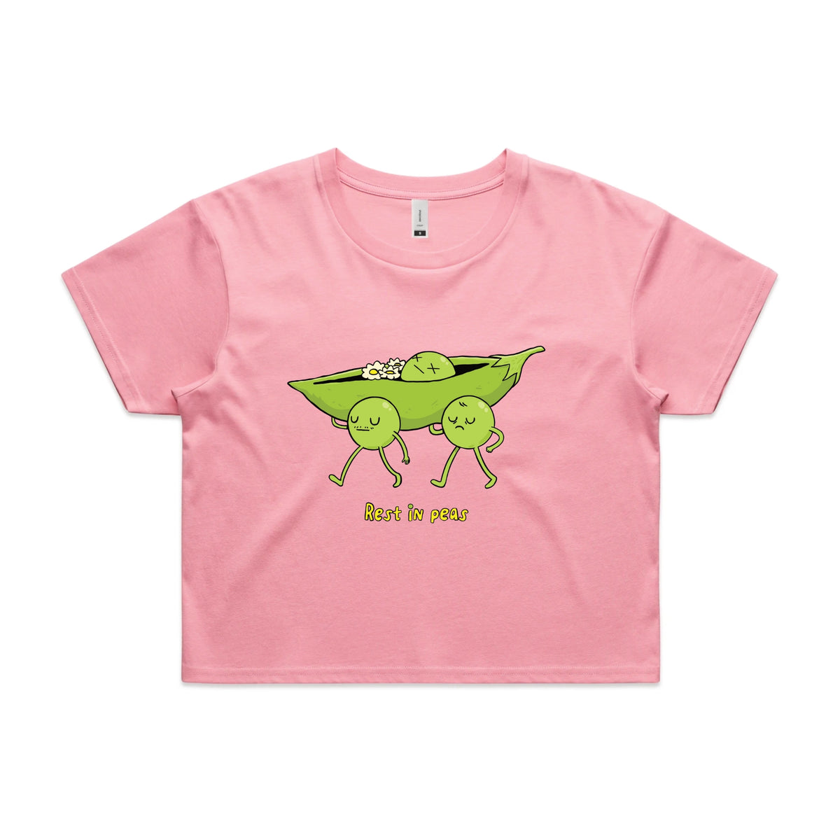 Bubblegum crop top with Rest In Peas graphic by Lonely Kids Club