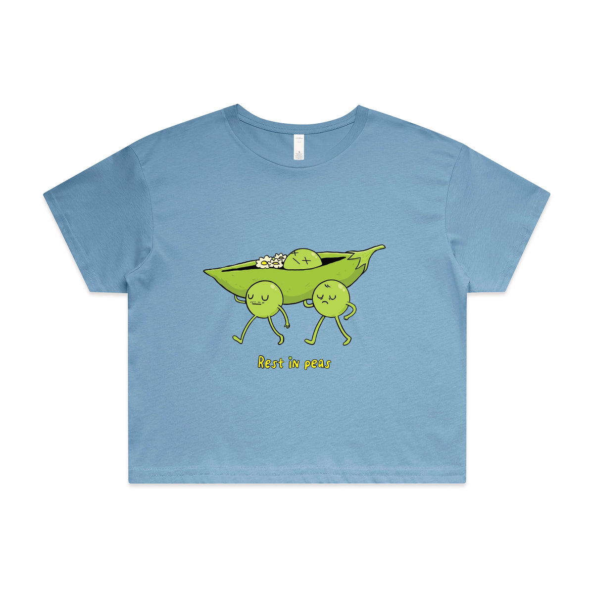 Carolina Blue crop top with Rest In Peas graphic by Lonely Kids Club