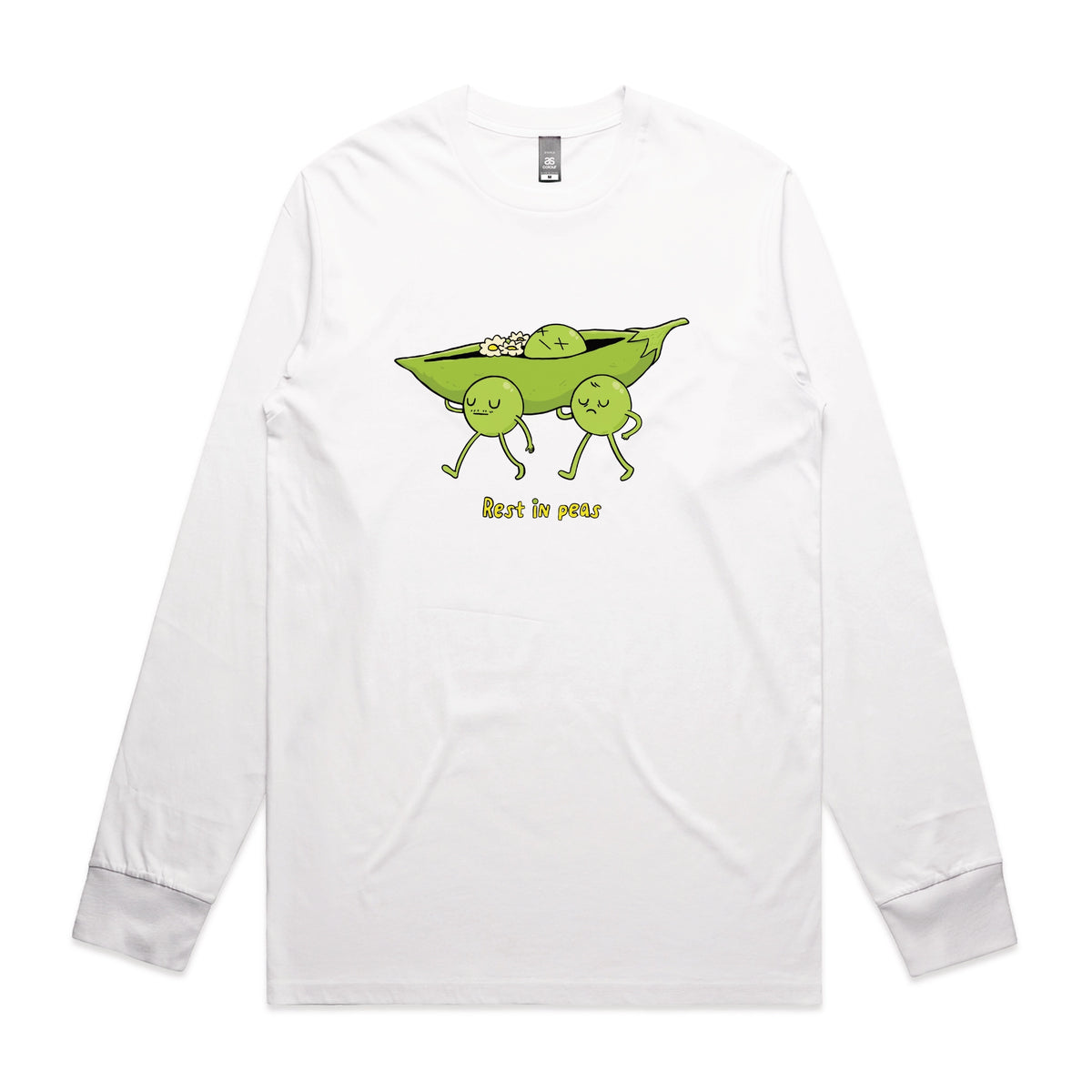 White long sleeve t-shirt with Rest In Peas graphic by Lonely Kids Club