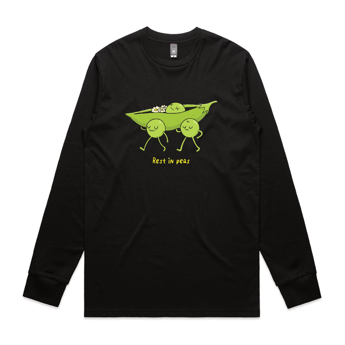 Black long sleeve t-shirt with Rest In Peas graphic by Lonely Kids Club