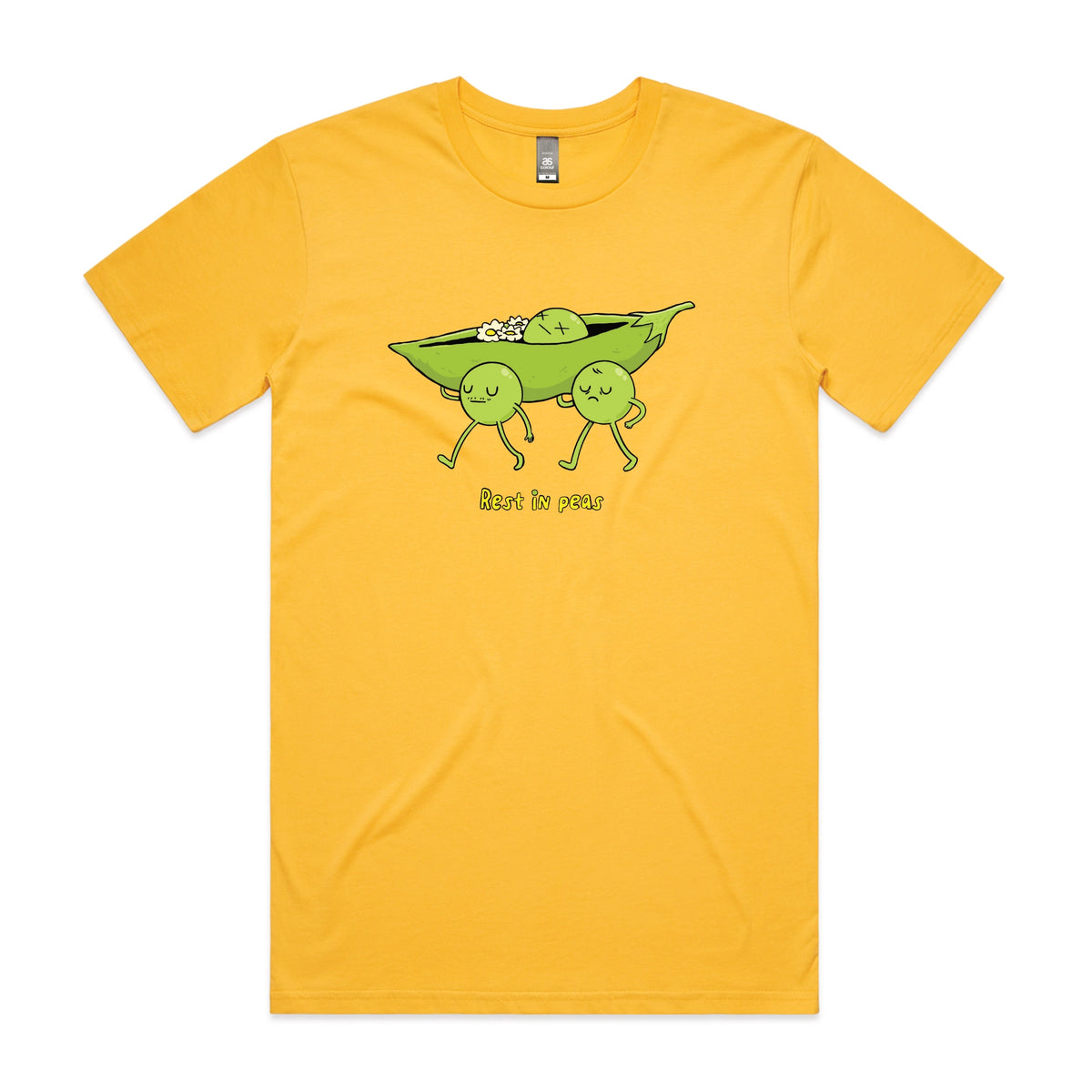Yellow unisex t-shirt with Rest In Peas graphic by Lonely Kids Club
