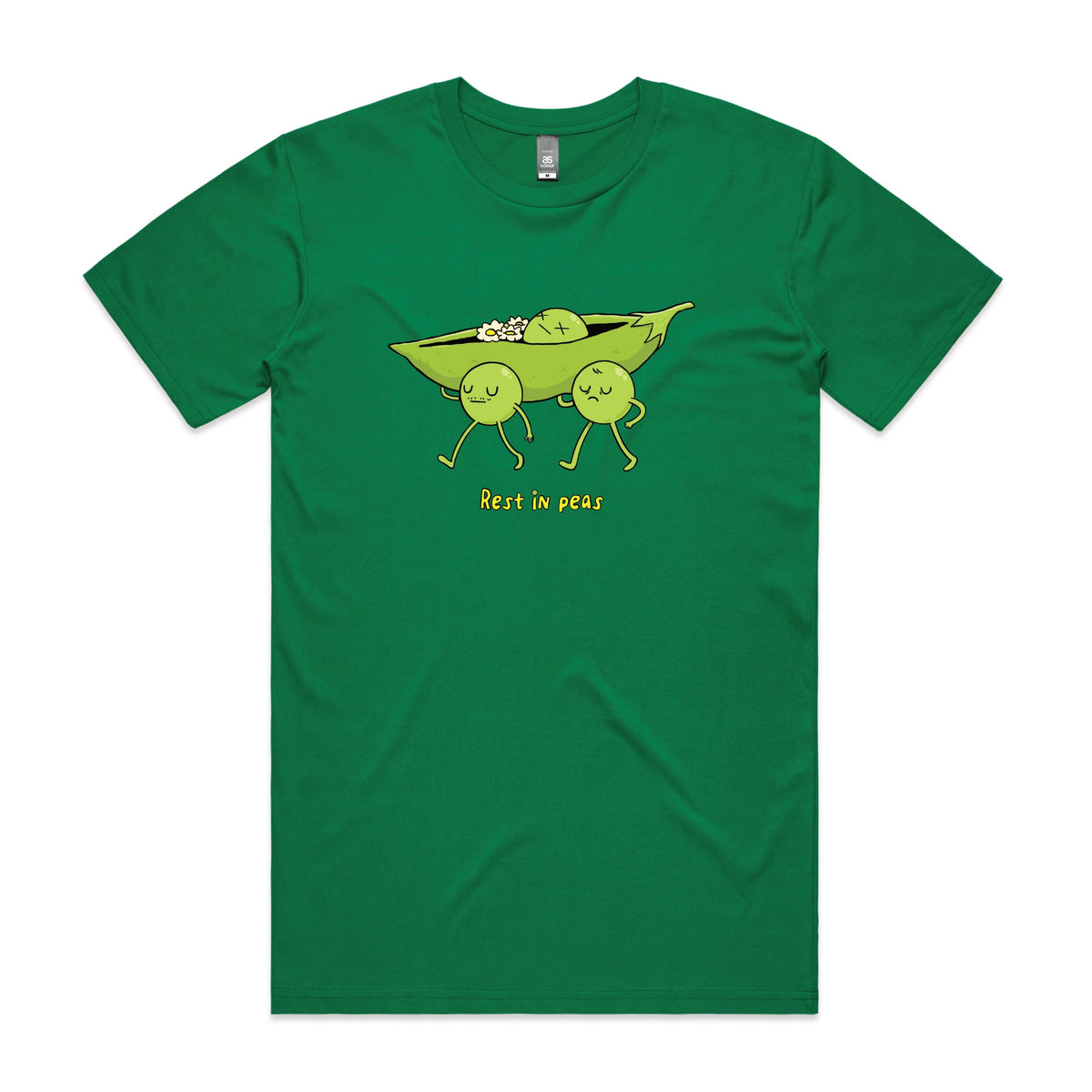 Green unisex t-shirt with Rest In Peas graphic by Lonely Kids Club