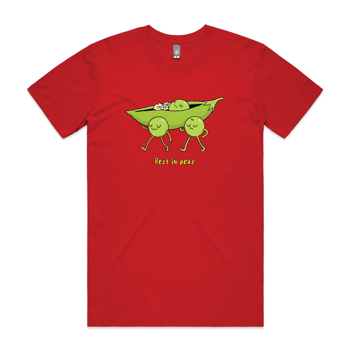 Red unisex t-shirt with Rest In Peas graphic by Lonely Kids Club
