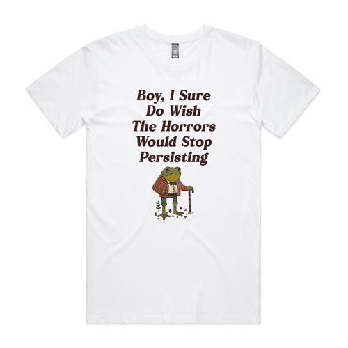 I Wish The Horrors Would Stop Tee by Lonely Kids Club. All clothing from our T-shirts to our shorts and hoodies are ethically made, and printed packed and shipped from Sydney.