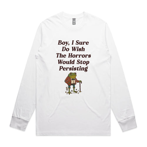 I Wish The Horrors Would Stop Tee by Lonely Kids Club. All clothing from our T-shirts to our shorts and hoodies are ethically made, and printed packed and shipped from Sydney.
