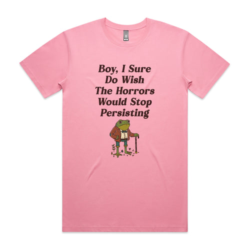 I Wish The Horrors Would Stop Tee by Lonely Kids Club. All clothing from our T-shirts to our shorts and hoodies are ethically made, and printed packed and shipped from Sydney.