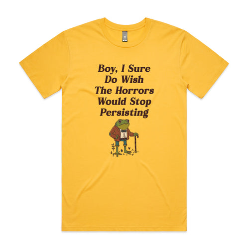 I Wish The Horrors Would Stop Tee by Lonely Kids Club. All clothing from our T-shirts to our shorts and hoodies are ethically made, and printed packed and shipped from Sydney.