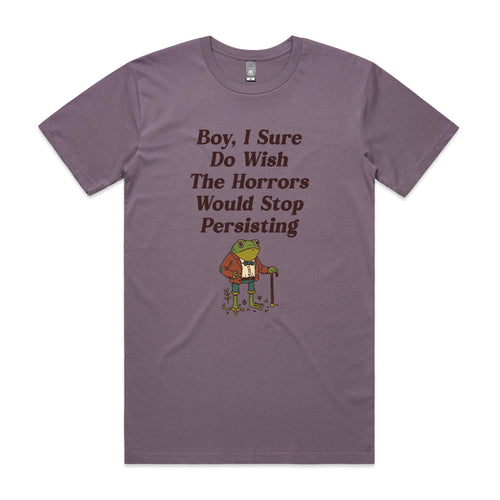 I Wish The Horrors Would Stop Tee by Lonely Kids Club. All clothing from our T-shirts to our shorts and hoodies are ethically made, and printed packed and shipped from Sydney.