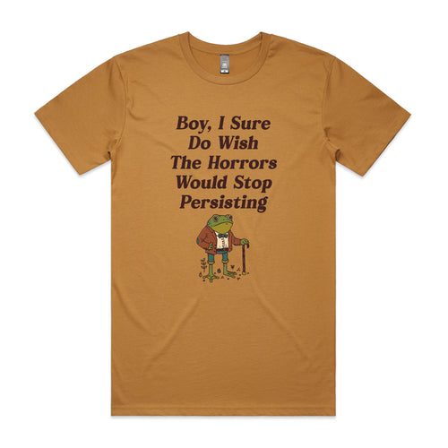 I Wish The Horrors Would Stop Tee by Lonely Kids Club. All clothing from our T-shirts to our shorts and hoodies are ethically made, and printed packed and shipped from Sydney.