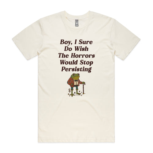I Wish The Horrors Would Stop Tee by Lonely Kids Club. All clothing from our T-shirts to our shorts and hoodies are ethically made, and printed packed and shipped from Sydney.