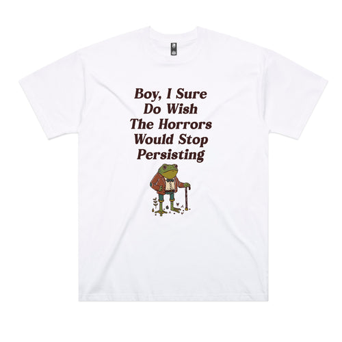 I Wish The Horrors Would Stop Tee by Lonely Kids Club. All clothing from our T-shirts to our shorts and hoodies are ethically made, and printed packed and shipped from Sydney.