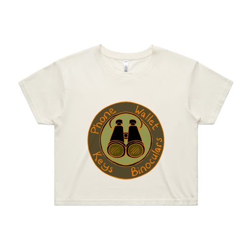 Phone Wallet Keys Binoculars Tee by Lonely Kids Club. All clothing from our T-shirts to our shorts and hoodies are ethically made, and printed packed and shipped from Sydney.
