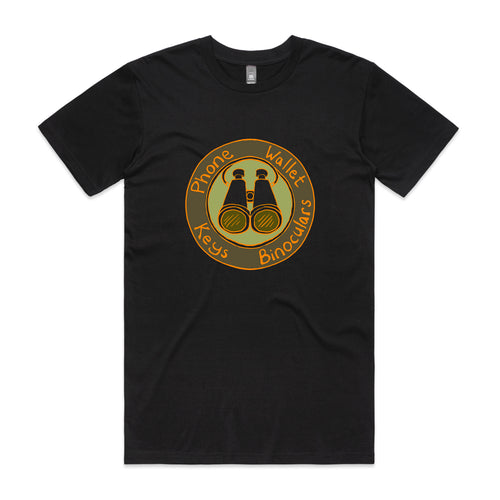 Phone Wallet Keys Binoculars Tee by Lonely Kids Club. All clothing from our T-shirts to our shorts and hoodies are ethically made, and printed packed and shipped from Sydney.