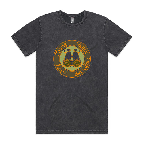 Phone Wallet Keys Binoculars Tee by Lonely Kids Club. All clothing from our T-shirts to our shorts and hoodies are ethically made, and printed packed and shipped from Sydney.