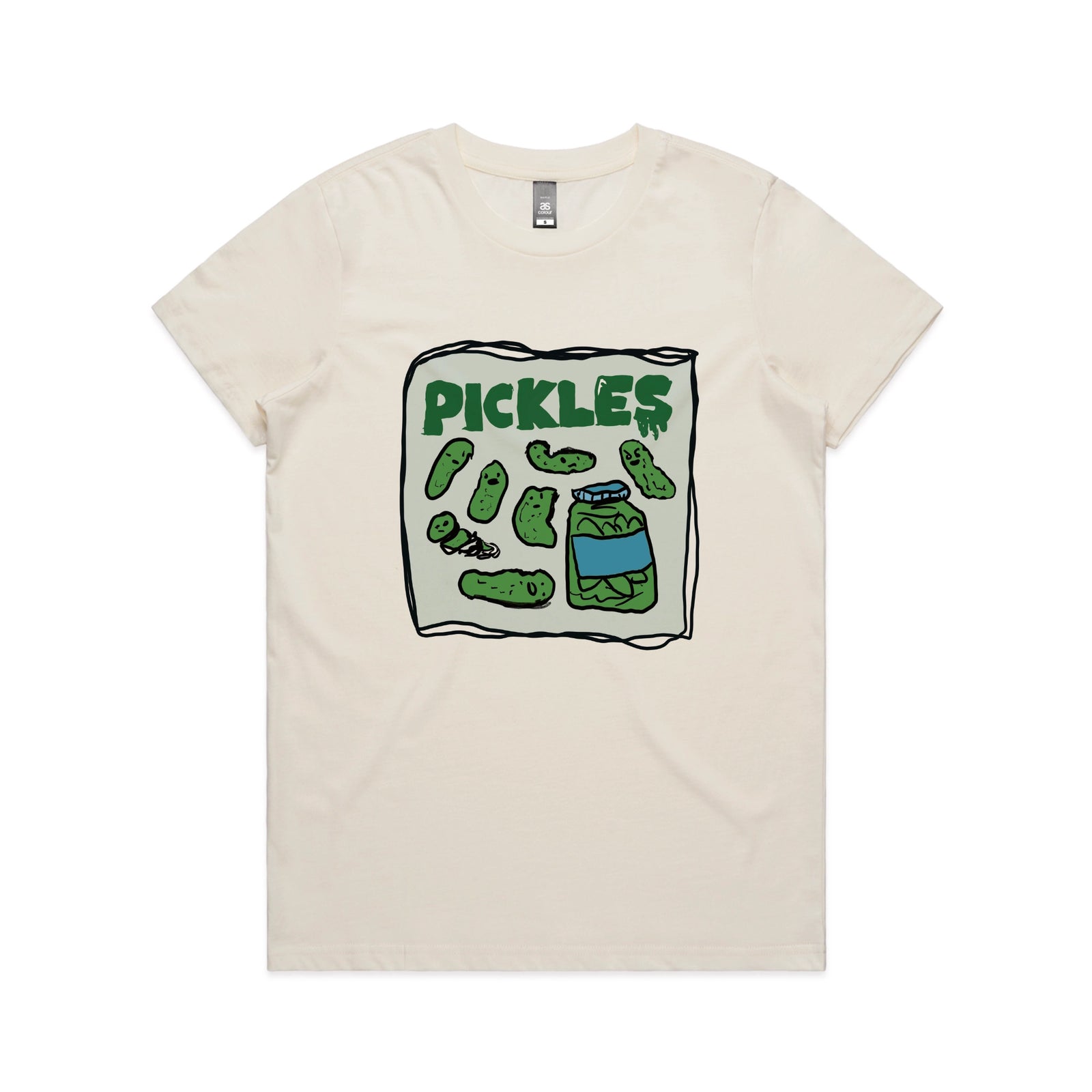 Ecru fitted womens t-shirt with Pickles graphic by Lonely Kids Club