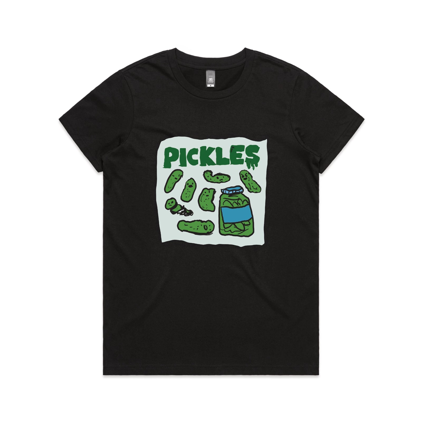Black fitted womens t-shirt with Pickles graphic by Lonely Kids Club