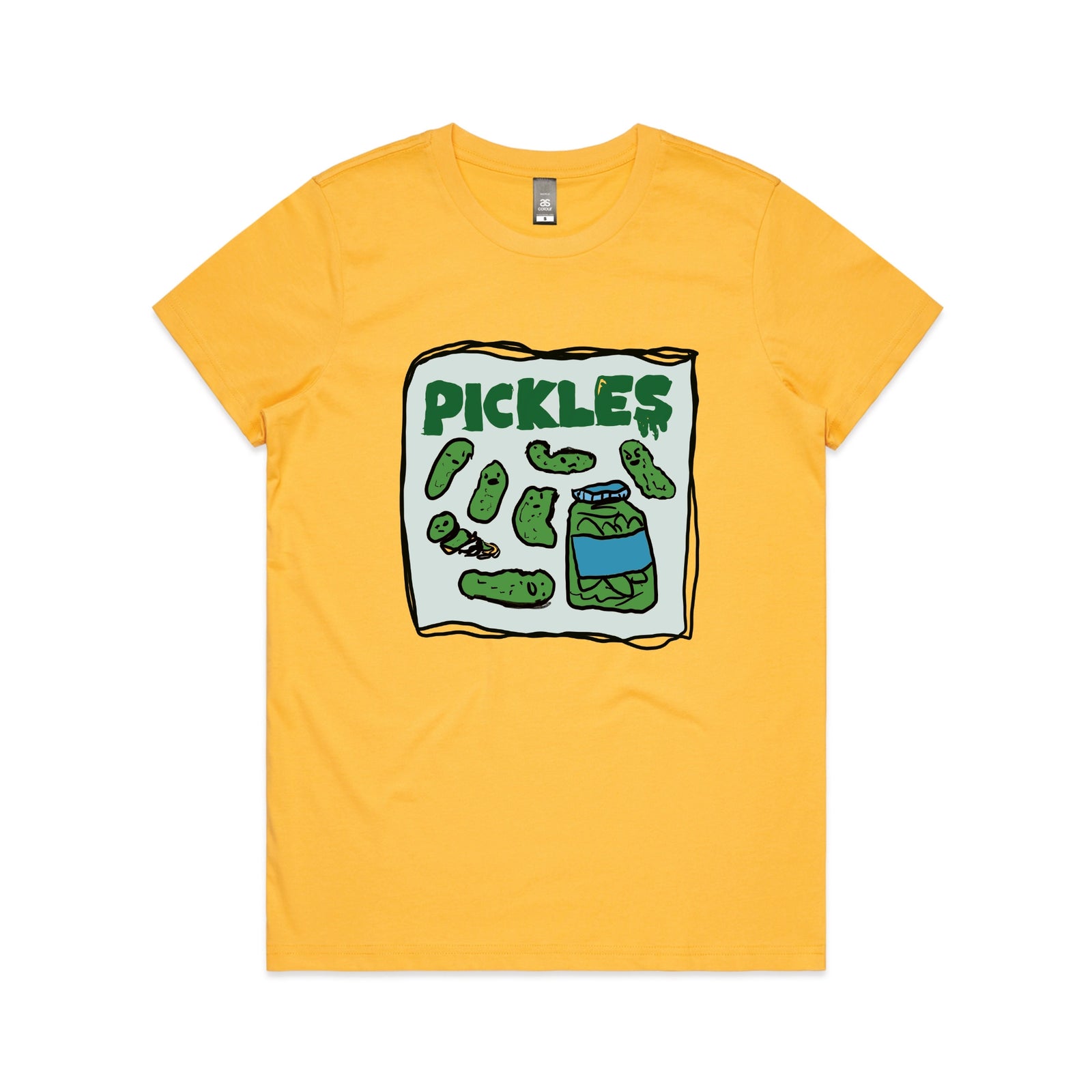 Yellow fitted womens t-shirt with Pickles graphic by Lonely Kids Club