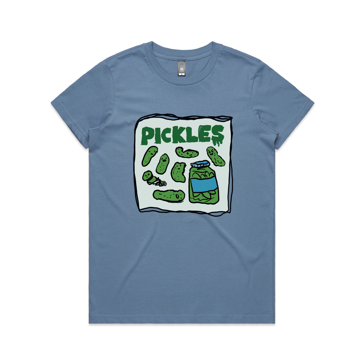 Carolina Blue fitted womens t-shirt with Pickles graphic by Lonely Kids Club