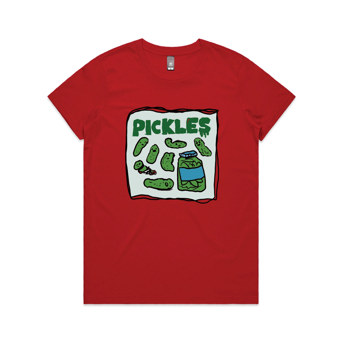Red fitted womens t-shirt with Pickles graphic by Lonely Kids Club