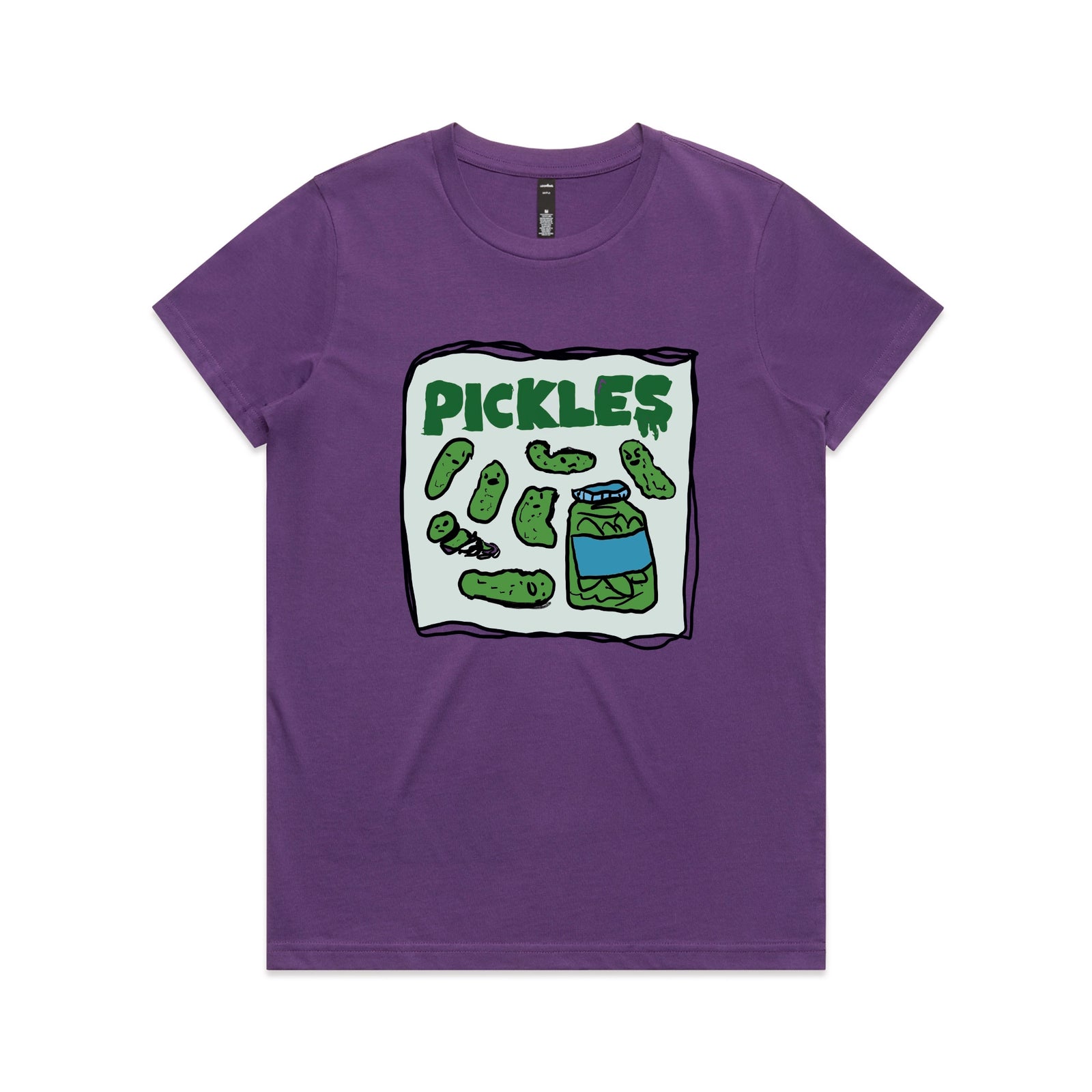 Purple fitted womens t-shirt with Pickles graphic by Lonely Kids Club