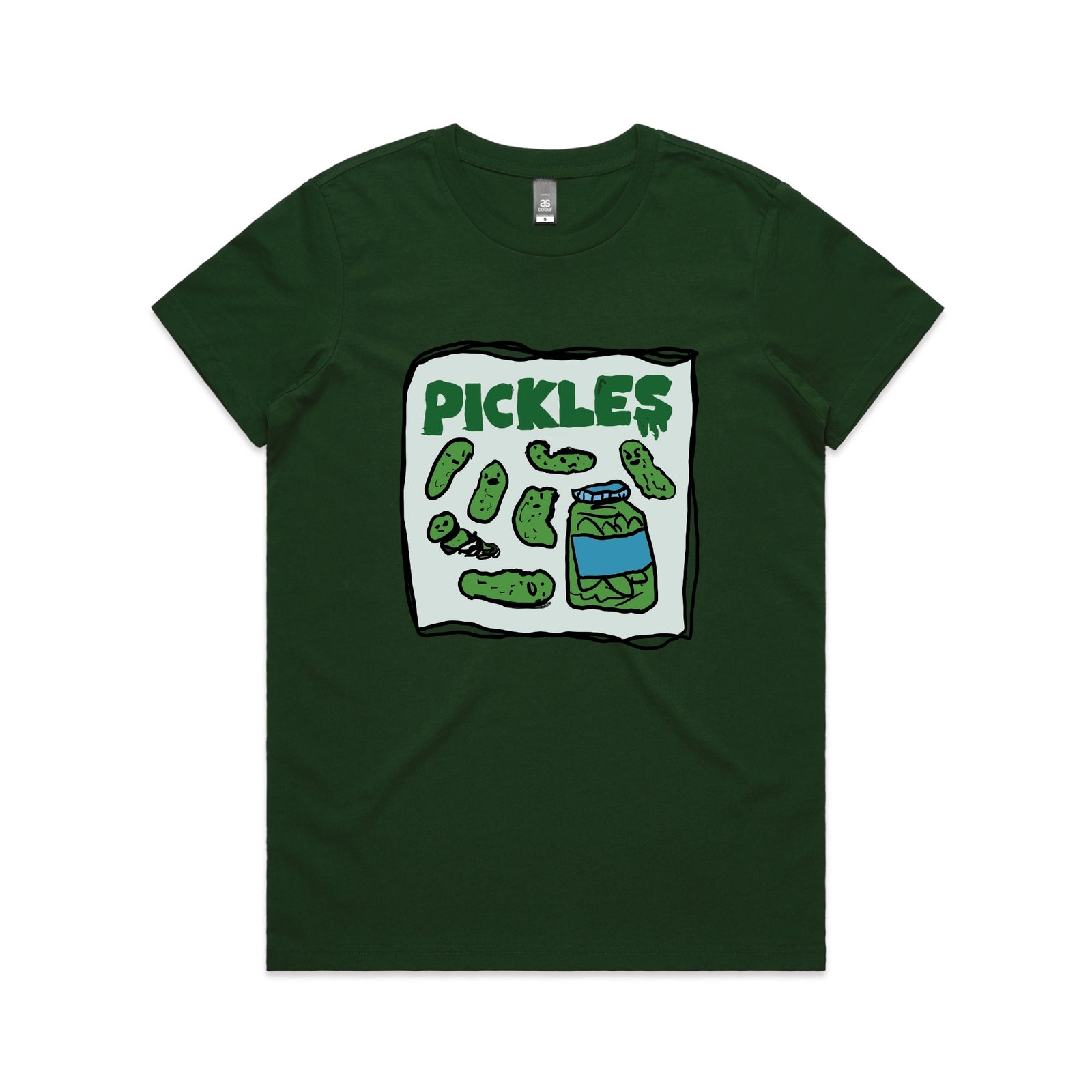 Forest Green fitted womens t-shirt with Pickles graphic by Lonely Kids Club