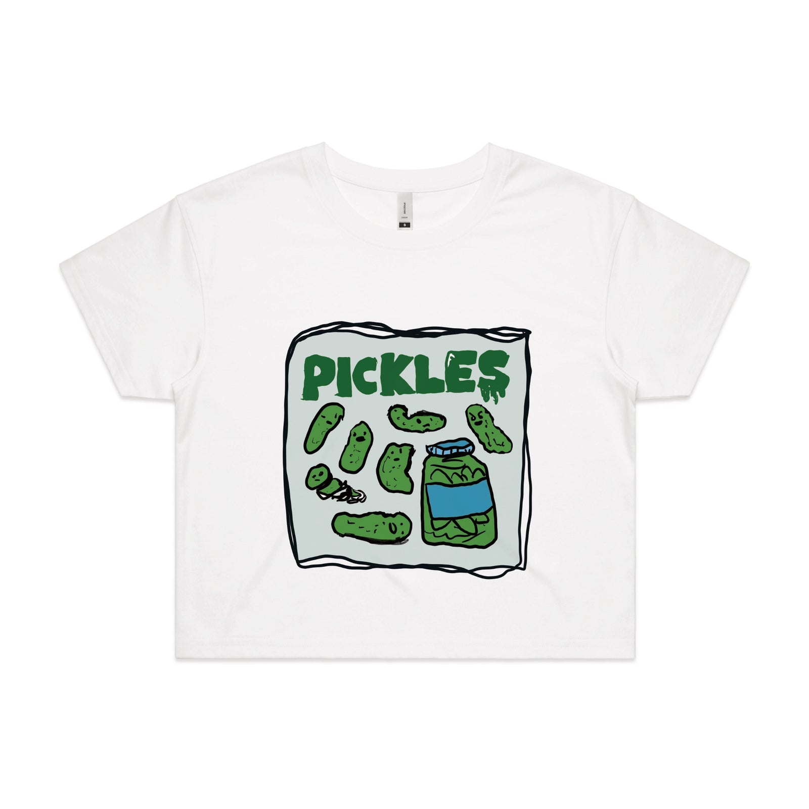 White crop top with Pickles graphic by Lonely Kids Club